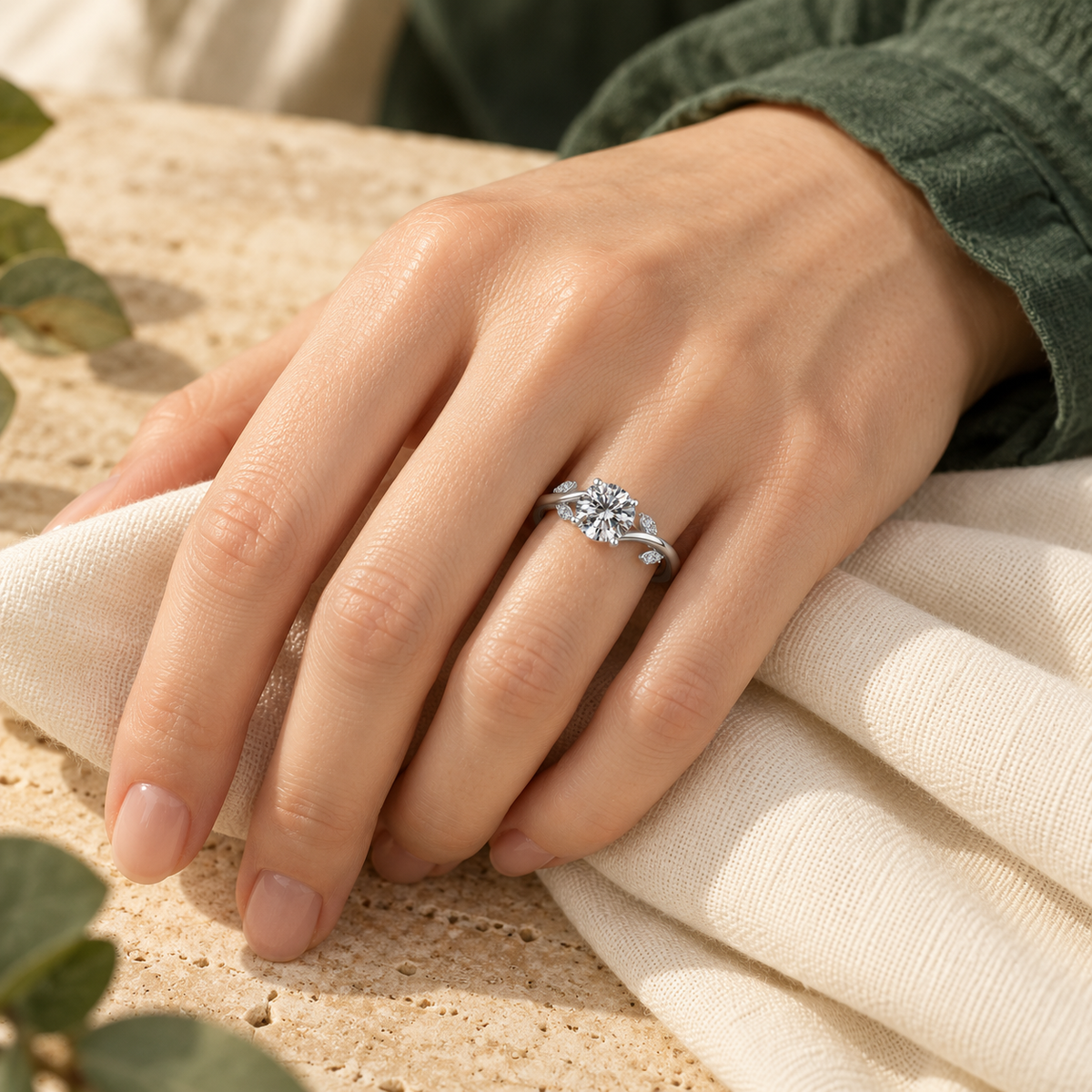 Leaf Detail Solitaire Ring